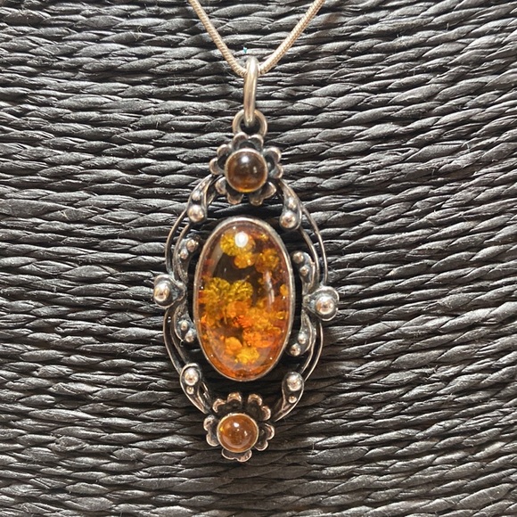 Jewelry - Sterling silver and amber art nouveau style necklace.